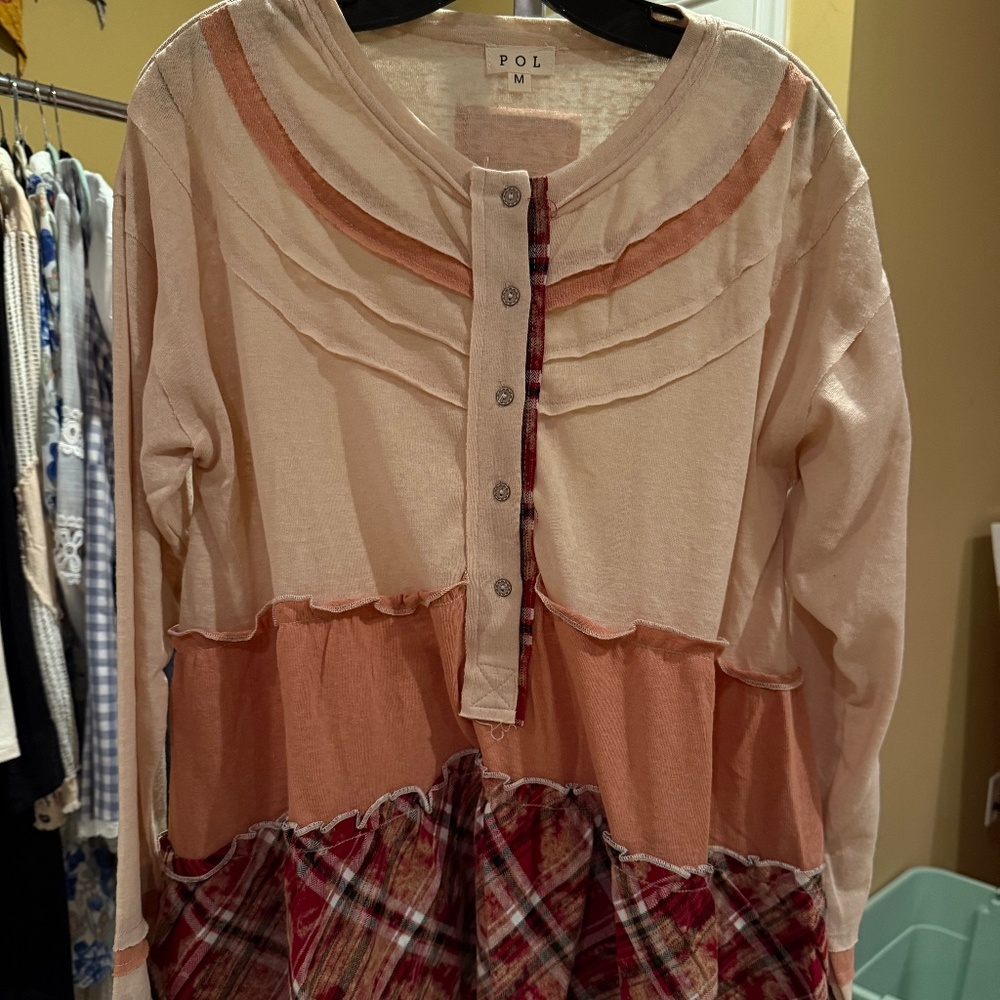 NWOT POL Peach and Plaid Tunic